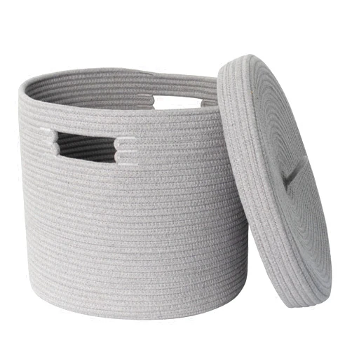 HONCESTA Gray Basket with Lid, 15” x 13” Woven Storage Basket for Blankets, Toys, Pillows, Towels, Living Room Bedroom Storage Bin, Round Rope Basket with Lid, Wicker Baskets for Organizing