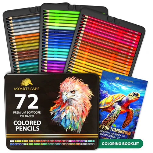 MyArtscape Oil Based Colored Pencils Set, 72 pcs Premium Color Pencils, Vibrant Colors, Break-Resistant Core, Art Kit with Adult Coloring Book