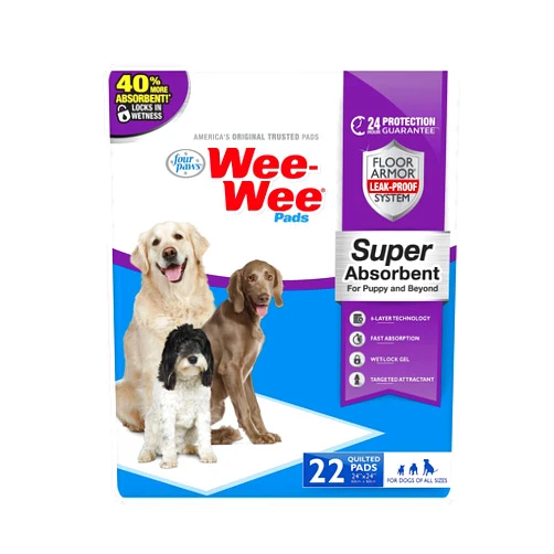 Four Paws Wee-Wee Super Absorbent Pee Pads for Dogs of All Sizes, Leak-Proof Floor Protection Dog & Puppy Quilted Potty Training Pads, Unscented, 24