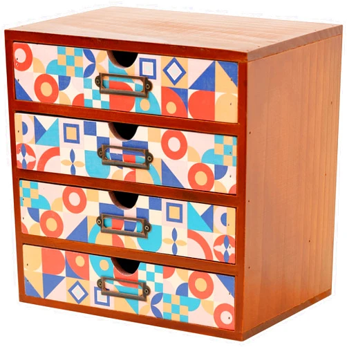 Woodaholic Add Color To Your Desk - MCM Geometric Wooden Desk Organizer - Desktop Storage with 4-Drawer - Wood Cabinet for Office Supplies, Craft Tools, & Home, Countertop, Tabletop Organization