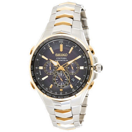SEIKO SSG010 Watch for Men - Coutura Collection - Radio Sync Solar Chronograph, Two-Tone Stainless Steel Case & Bracelet, Black Dial with Lumibrite Hands & Markers, and Date Calendar