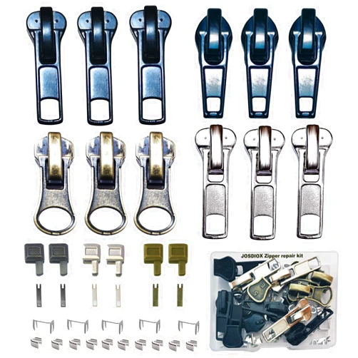 JOSDIOX Zipper Repair Kit #5 Sliders with Pull 12 Pcs,#5 Metal Zipper Retainer Box Insertion Pin 6 Sets,Replacement Zipper Bottom/Top Stop, Metal,Plastic,Nylon Coil Zippers Head FIx on Jaceket