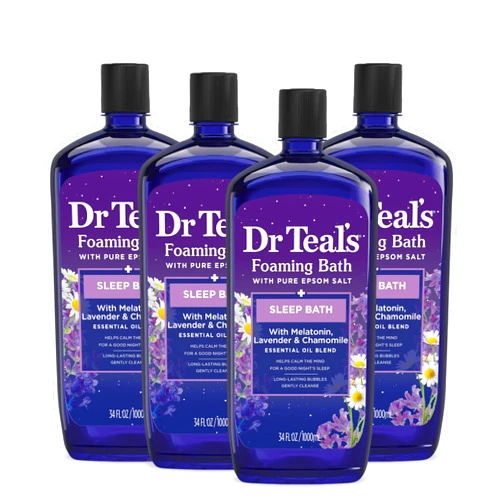 Dr Teal's Foaming Bath with Pure Epsom Salt, Sleep Blend with Melatonin, Lavender & Chamomile Essential Oils, 34 Fl Oz (Pack of 4) (Packaging May Vary)