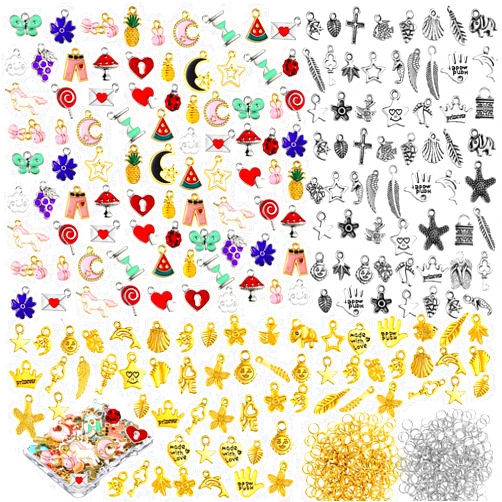 Junkin 800 Pcs Charms for Jewelry Making Assorted Gold Plated Earring Charms Mixed Tibetan Style Pendants Open Jump Ring with Storage Box for DIY Necklace Bracelet Keychain Jewelry Crafting