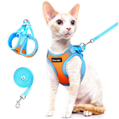 Dooradar Cat Harness and Leash Set, Escape Proof Lightweight Kitten Harness, Soft Breathable Reflective Vest for Outdoor Walking Traveling, Adjustable for Small Cats, Orange & Blue, S