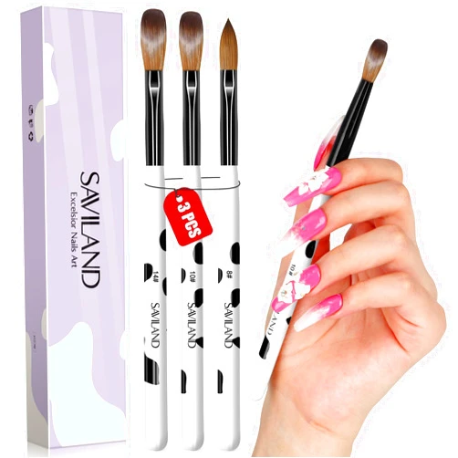 Saviland 3pcs Acrylic Nail Brush Set, Size 8/10/14 Kolinsky Acrylic Nail Brushes for Acrylic Application, Acrylic Powder Nail Art Extension with Black & White Handle for Beginner & Professional