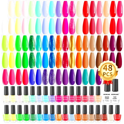 Morovan Nail Polish Set Fingernail: 48PC Air Quick Dry Nail Polish Kit with 2PC Base Top Coat Regular Nail Polish Pack Finger Nail Polish Bulk Gift for Women Girls