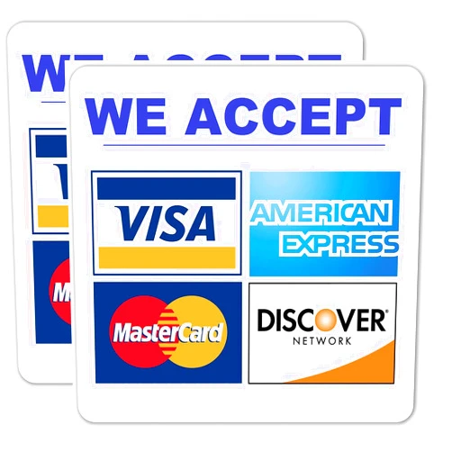 STICKY DUDE 2pcs We Accept Major Credit Cards Sign Sticker, 5x5 inches - AmEx Mastercard Visa Discover Payments, Credit Card Sticker for Store Window