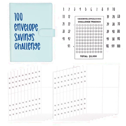 QMEET 100 Envelopes Money Saving Challenge Binder, Savings Challenges Binder, Easy and Fun Way to Save $5,050, Budget Binder with Cash Envelopes, savings challenges book with envelopes