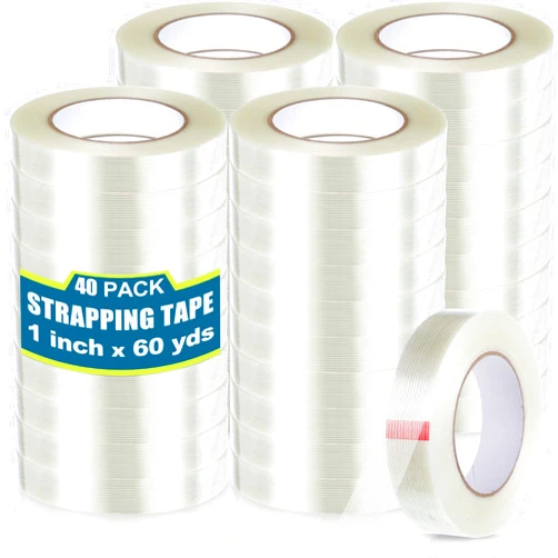 Treela 40 Rolls Filament Strapping Tape 5.5 Mil Transparent Reinforced Fiberglass Heavy Duty Packing Shipping Tape for Sealing Binding Fixing (1 Inch X 60 Yards)