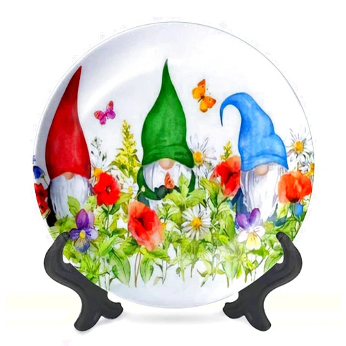DISAOODANK Decorative Plates Gnomes in Summer Flowers Butterflies Watercolor Meadow Wall Decor Ceramic Ornament with Display Stand and Hook Up for Festival, Parties, Wedding 8