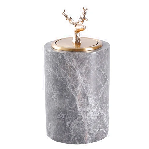 Woless Marble Toothpick Holder Dispenser, Brass Lid with Deer Head Decoration, Press Type, Grey