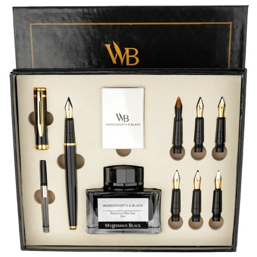 Wordsworth & Black Calligraphy Pen Gift Set, Includes Ink Bottle, 6 Ink Cartridges, Ink Refill Converter, 6 Replacement Nibs, Premium Package, Journaling, Smooth Writing Pens [Black Gold]