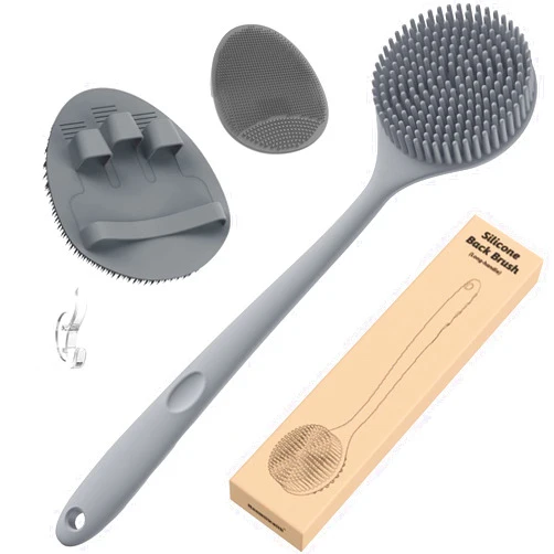 Manmihealth Silicone Back Scrubber (Thick Bristles) & Bath Glove & Face Brush Set(3PCS), Super-Exfoliating & Lathering Body Scrubber, Shower Brush, Face Scrubber Combination, with a Free Hook.(Gray)