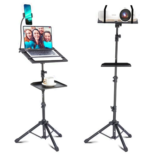 Lusweimi Projector Tripod Stand, 50” Laptop Stand with 2 Shelves for Projector, iPad, DJ Equipment, Portable Adjustable Floor Stand with Gooseneck Phone Holder for Office, Home, Stage or Studio