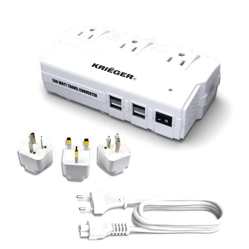 K KRIËGER Universal Travel Adapter, Step Down Transformer 200 Watt Capacity, International Power Adaptor w/ 4 USB Ports 6A Total Charging, 3 AC Outlets for USA EU UK AUS Worldwide Plug Adapter