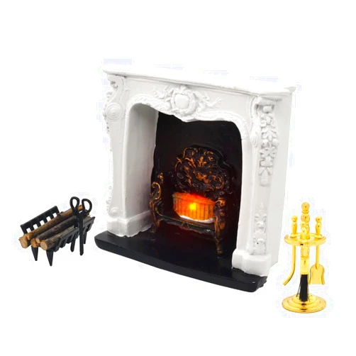 iLAND Dollhouse Furniture and Accessories of Dollhouse Fireplace on 1/12 Scale w/Fire Light & Fireplace Tools & Tong & Firewood Rack (Rococo 4pcs)