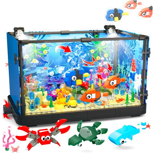 Jorumo Fish Tank Building Block, Lighting Aquarium Building Sets for Adults and Kids Including Ocean Jellyfish, Dolphin, Turtle, Crab, Animal Building Toys for Boys Age 8-12, 725pcs