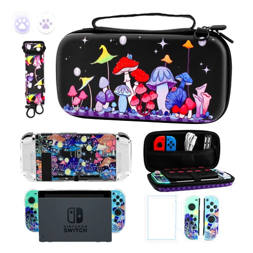 GLDRAM Magical Mushroom Carrying Case for Nintendo Switch Durable Travel Storage Bag with Glittery Protective Skin Cover Shell & HD Utral Screen Protector & Shoulder Strap & Thumb Caps for Boys Girls
