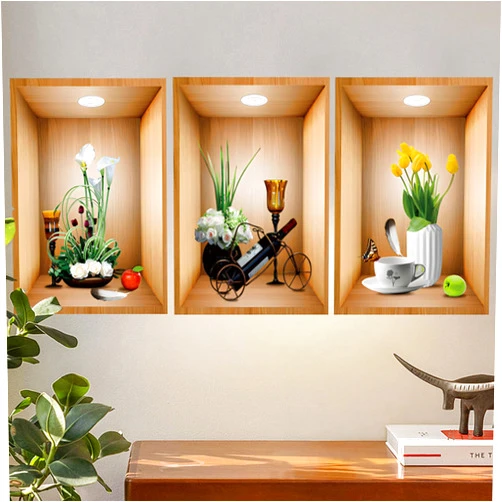 Finpletai 3D Green Pot Plants Wall Decals, 3D White Flower Vases Wall Stickers, Creative Vinyl Peel and Stick Removable Wall Art Decor for Bedroom Living Room Kitchen (3D Green Plants 02)