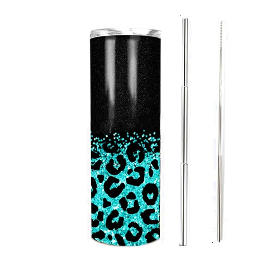 ERZHE Leopard Tumbler With Lid and Straw Stainless Steel 20oz real glitter Tumbler Leopard Print Skinny Tumbler Insulated Water Bottle Coffee Tumbler Travel Mug Gifts for Women (Teal)