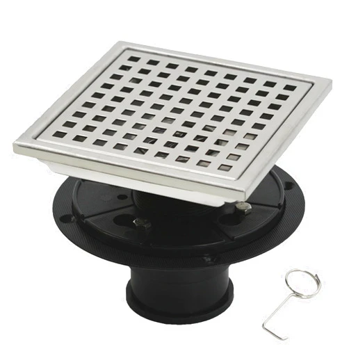 RUITHOE 6 Inch Square Shower Floor Drain with Flange, Removable Quadrato Pattern Grate, Food-Grade SUS 304 Stainless Steel, Brushed Nickel with Hair Filter & Anti-Drop Design