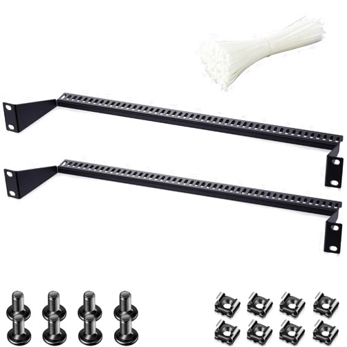 Dunzy 2 Pcs 1U Horizontal 19 Inch Rack Mount Cable Management Support Bar Bracket Cross Bar Server Cable Rack Mount with 50 Pcs Tie