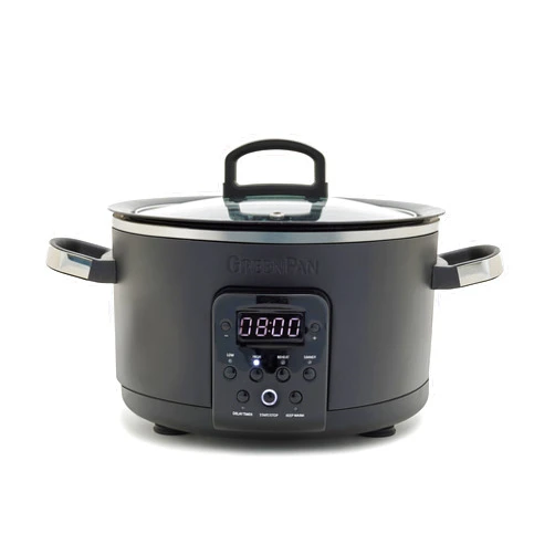 GreenPan 6-in-1 4QT Electric Ceramic Slow Cooker with Glass Lid, Multifunction Presets, Hard Anodized PFAS-Free Removeable Nonstick Crock, Dishwasher Safe, Auto Warm, Delay Timer, Stews, Reheat, Black