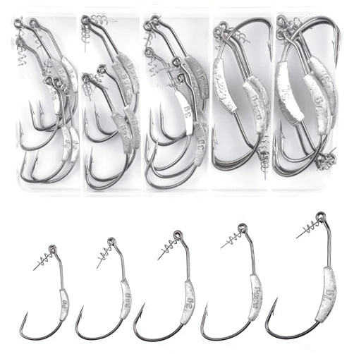 AGOOL Fishing Hooks Weighted Swimbait Hooks, 25pcs Bass Hooks Worm Hooks Weighted Hooks Jig Heads Weedless Hooks with Twistlock Fishing Hooks for Soft Plastic Worm Saltwater Freshwater Bass Fishing 5 Size