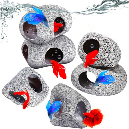 Cunhill 6 Pieces Aquarium Decoration Rock Caves Stackable Ceramic Fish Tank Hideout Cave Stone Ornaments Hideaway for Betta Shrimp Cichlid Hiding Breeding Spawning Decor