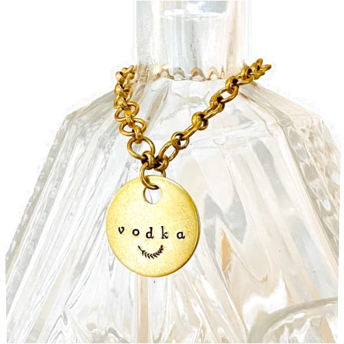 Top Shelf Tags Olive Branch Liquor Decanter Label - Hand Stamped Brass Spirits Bottle Tags - Made in USA - Choose ONE or the Whole Set: Whiskey, Bourbon, Scotch, Gin, Rum, Tequila, Vodka, Brandy (Vodka)