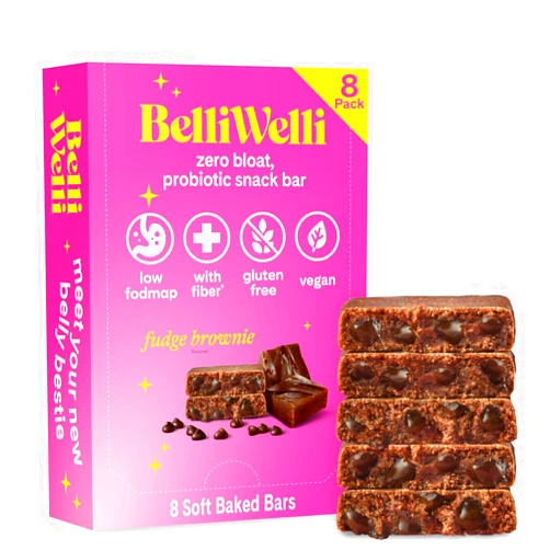 Belli Welli Belliwelli Soft Baked Probiotic Snack Bars | Gluten-Free, Dairy-Free, Vegan, Low-FODMAP | High-Fiber, Healthy & Tasty | Fudge Brownie (8 Pack)