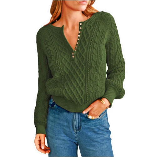 KIRUNDO Womens Sweaters 2024 Fall Winter Henley Long Sleeve Button Crew Neck Cable Knit Loose Cropped Sweater Pullover