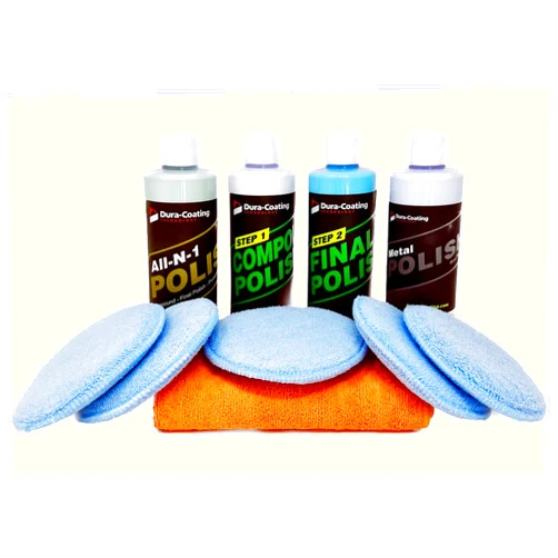 DURA-COATING TECHNOLOGY Dura-Coating Total Polish Package - Complete Car Care Polishing Set- 16 oz Blue Premium Metal Polish, Step 1 Compound, Step 2 Final Polish, All-N-1 Polish, 5 Pads, Large Microfiber Towel- Made in USA