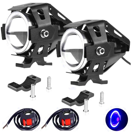 GOODKSSOP 2pcs Bright 3000LM 125W LED Motorcycle Headlight with Demon Angel Blue Eyes Auxiliary Work Light Spotlight Driving Fog Spot Lamp Universal for Car Offroad ATV Truck + 2pcs Switch