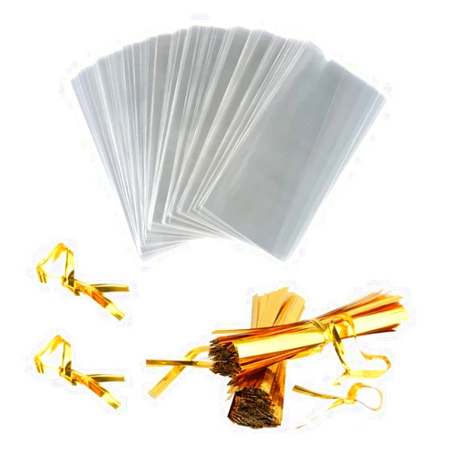 FUNNYARD Lollipop Wrap Bags 200 PCS 3.15x6 Clear Cellophane Treat Bags Party Favor Flat Cello Bag for Gift Bakery Candies Goodies with 200 PCS 4'' Metallic Twist Ties (3.15 by 6 Inch)