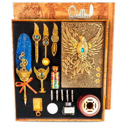 Quillixx Feather Quill Pen and Ink Set, Complete Calligraphy Set for Beginners, Luxurious Stationary Set, Premium A5 Phoenix Leather Journal, Wax Seal Kit, Letter Writing Kit, Fancy Pen, Gift Ready