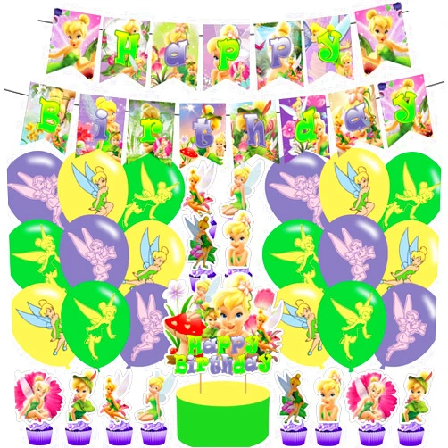 Ezcpigei Tinkerbell Fairy Princess Kids Birthday Decoration - Theme Banner, Cake Topper, Latex Balloons