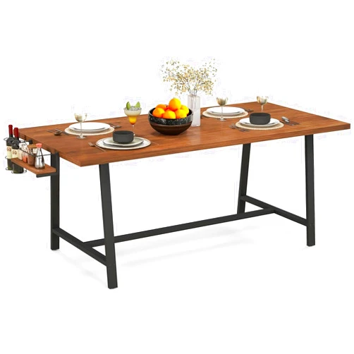 Byroce 72” Dining Table for 5-7 Person, Rectangular Wood Dining Table with Heavy-duty Metal Frame, Wine Rack & Condiment Holder, Farmhouse Kitchen Table for Family Gathering, Dining Room & Living Room