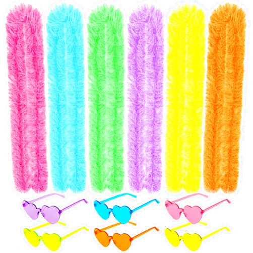 Ynhso 12PCS Feather Boas Party Pack with 6 Artificial Feather Boas 6.6ft and 6 Heart Sunglasses for Birthday Christmas Party