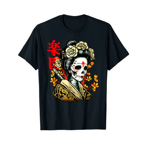 Aesthetic Style Vaporwave Japan designs Japanese Geisha skull women with sakura tree T-Shirt