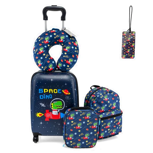 Goplus 5 Piece Kid’s Luggage Set, 16” Carry on Suitcase w/13” Backpack, Neck Pillow, Hardside Spinner Toddler Luggage, Travel Rolling Suitcase for Boys Girls Gifts (Navy, Space Dino)