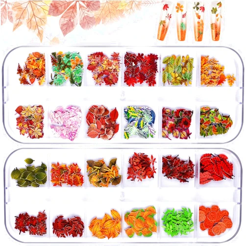 Kalolary 2 Boxes Maple Leaves Nail Art Sequins, 3D Fall Leaves Stickers for Acrylic Nails, Maple Leaves Wood Pulp Glitter Flakes for Autumn Nail Art Decorations