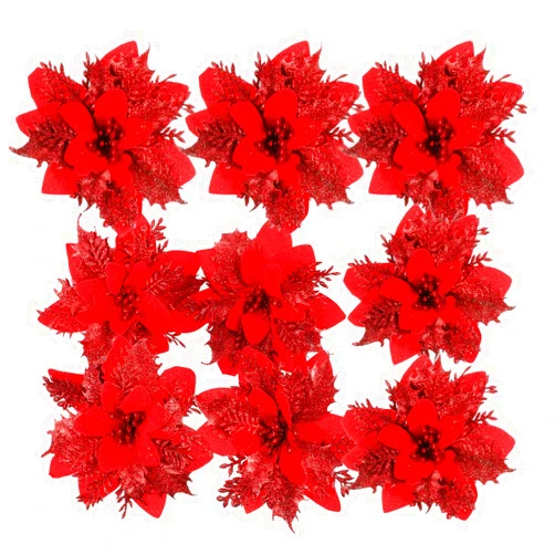 TOYANDONA 24 Pieces Christmas Glitter Poinsettia Flowers Christmas Tree Ornaments Artificial Flowers for Christmas Wreath Decoraiton (Red)