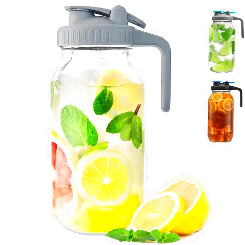 Skykoo Mason Jar Pitcher with Lid & Spout, Wide Mouth, 2 Quart (64 oz) Ice Tea Brewing Pitcher w/Brush