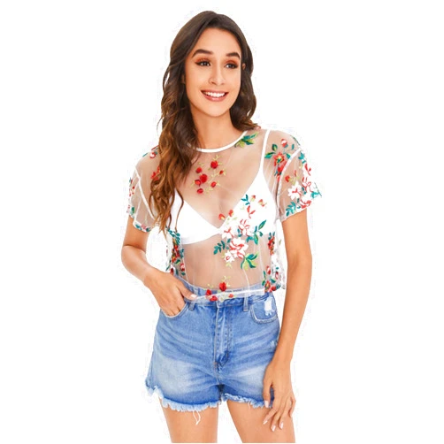SweatyRocks Women Sexy Sheer Mesh Crop Tops Floral Embroided See Throught Short Sleeve T Shirt Blouse