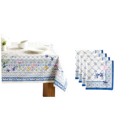 Maison d' Hermine Faience Bundle Set 100% Cotton Table Cloth (60 Inch by 90 Inch) and Set of 4 Napkins (20 Inch by 20 Inch)