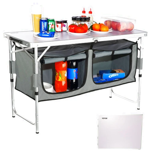 VEVOR Camping Kitchen Station, 3 Adjustable Height Folding Outdoor Camp Cooking Table with Storage Organizer, Quick Set-up for Patio BBQ Picnic Glamping Traveling