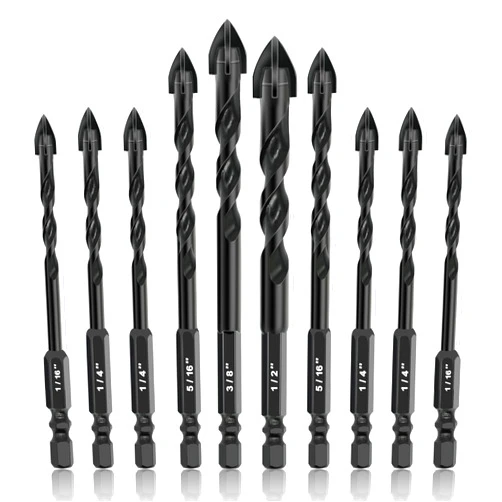 GMTOOLS 10PCS Masonry Drill Bit Set, 3/16”-1/2” Concrete Drill Bit, Hex Shank Cement Drill Bits Set with Tungsten Carbide Tip for Glass, Metal, Brick, Tile, Concrete,Plastic and Wood