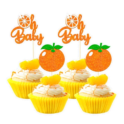 Ephlyn 24Pcs Little Cutie Cupcake Toppers Glitter Orange Oh Baby Cupcake Picks Citrus Theme Baby Shower Decorations for Cutie Kids Birthday Party Baby Shower Gender Reveal Fruit Party Supplies